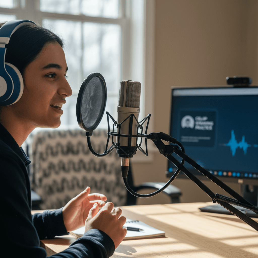 Student practicing CELPIP speaking with headphones and microphone