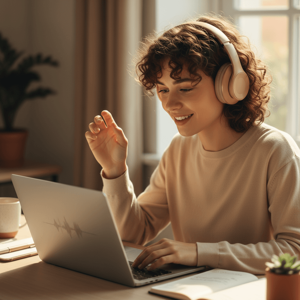 Student wearing headphones, listening intently to CELPIP listening practice material