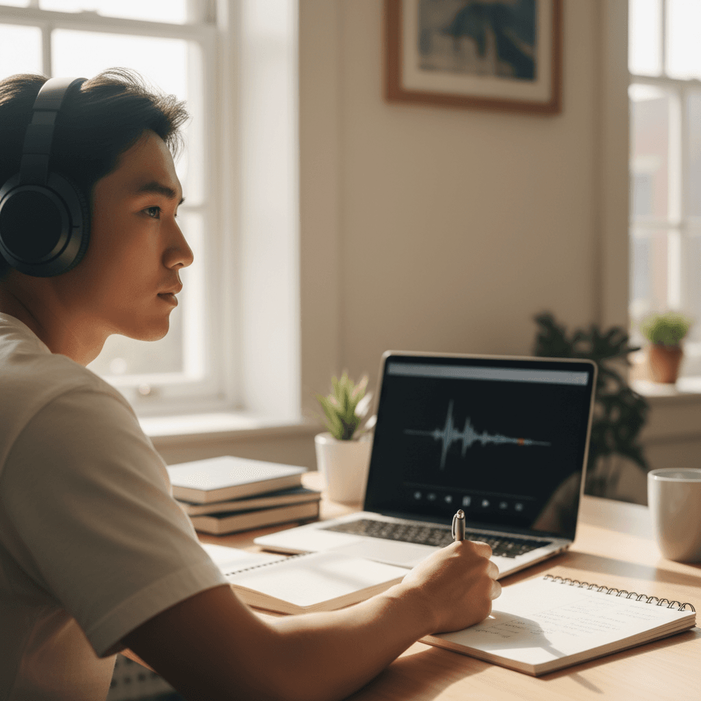 Student listening to CELPIP audio sample while taking notes