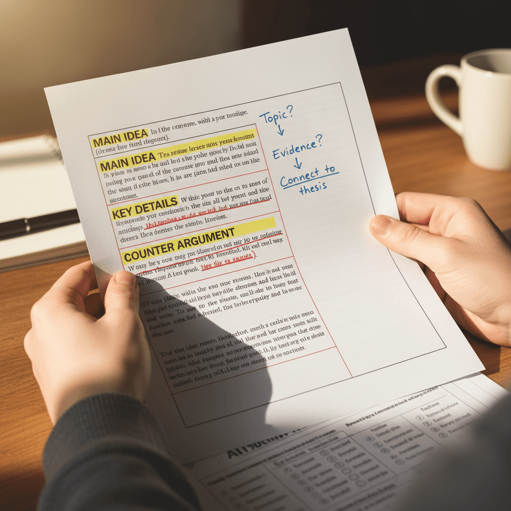 Student reviewing reading passage with highlighted text and study notes