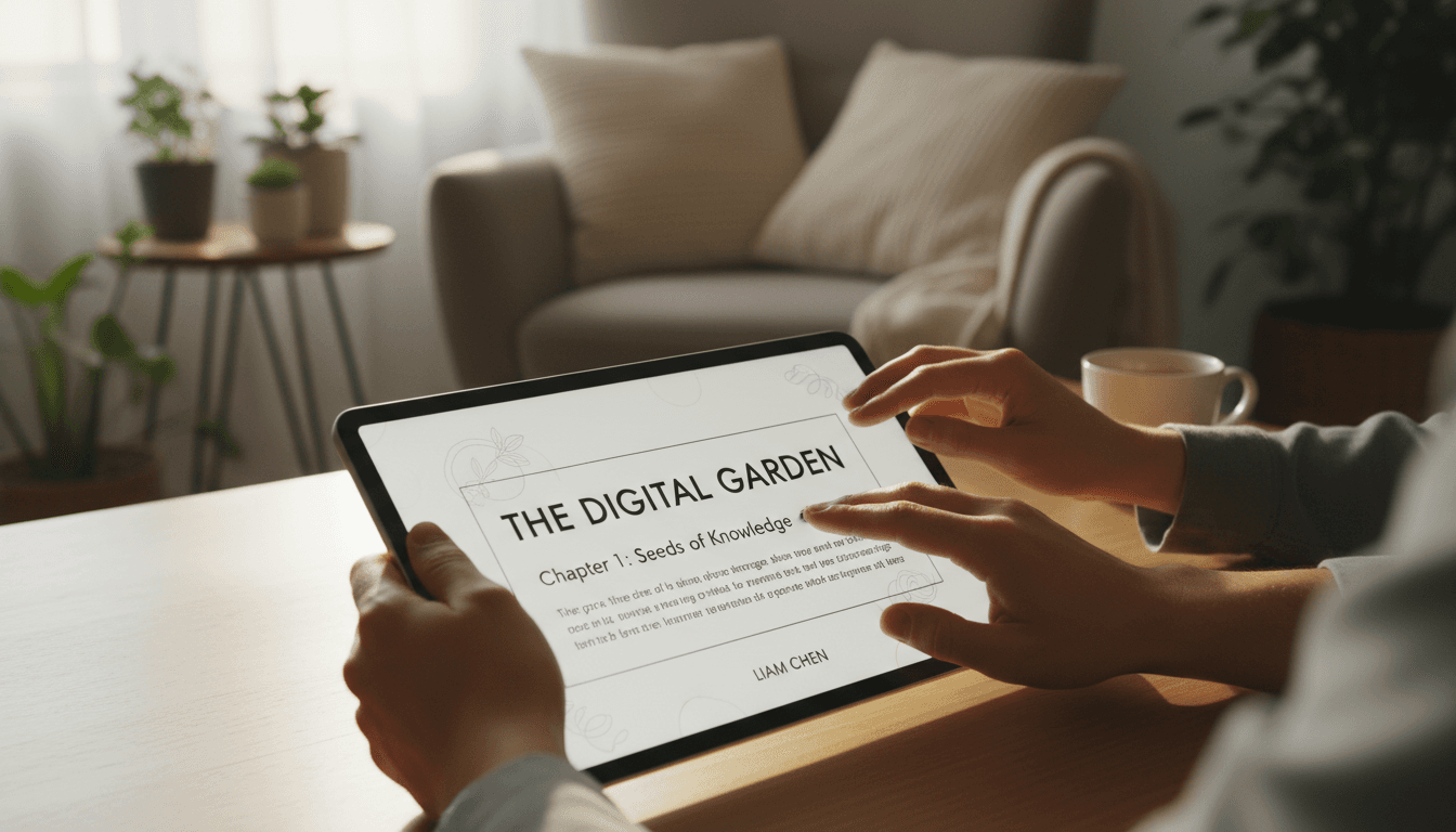 Diverse hands holding illuminated tablet displaying e-book in bright, natural-lit reading nook with cozy atmosphere