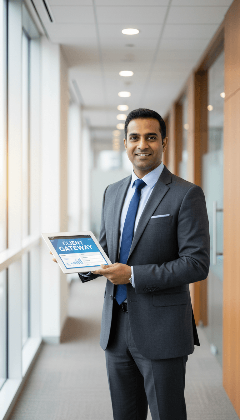 Professional male consultant in business attire holding tablet showing digital client portal in modern office