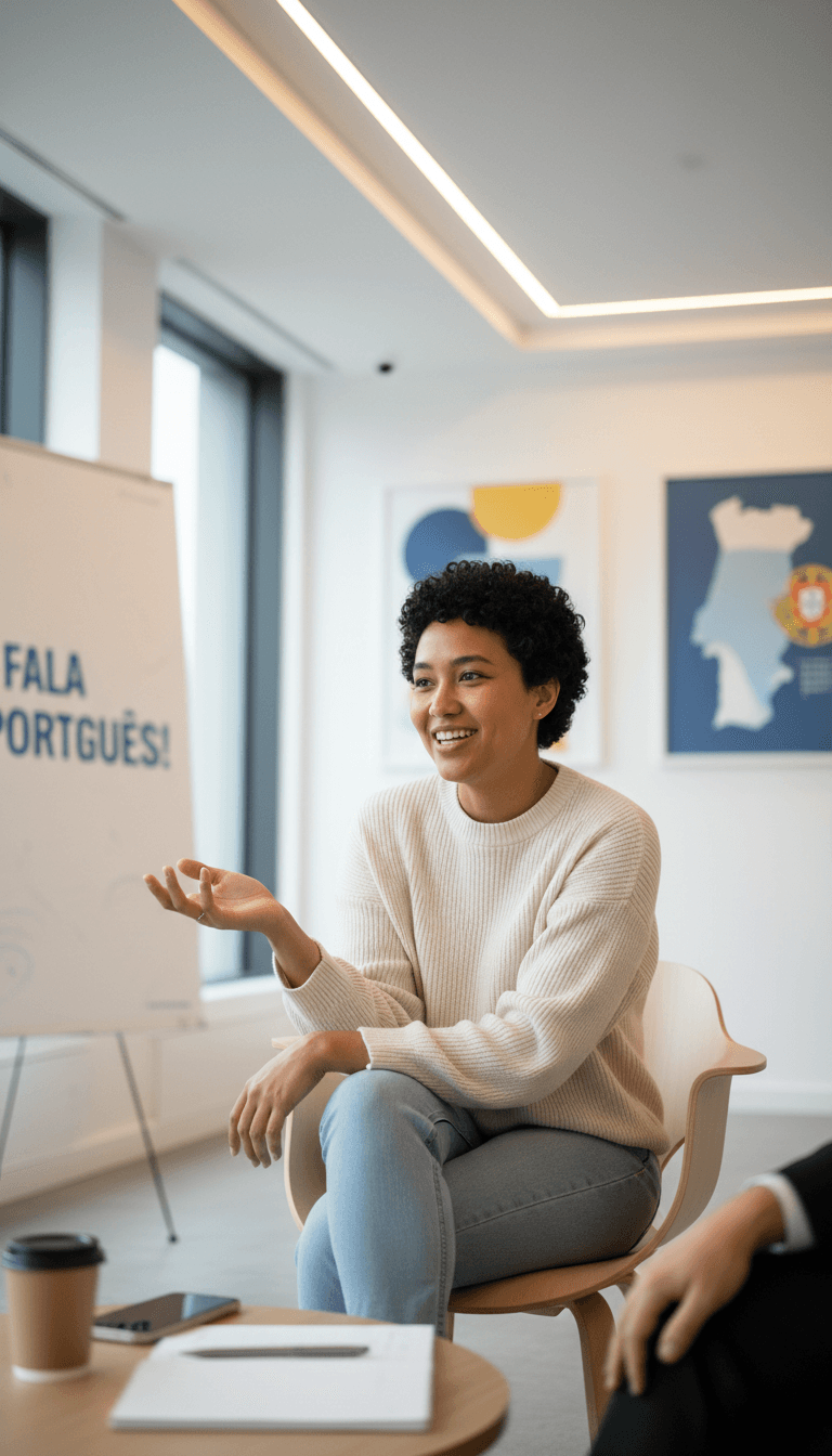 Confident adult student speaking and gesturing during Portuguese conversation practice in modern, bright learning studio