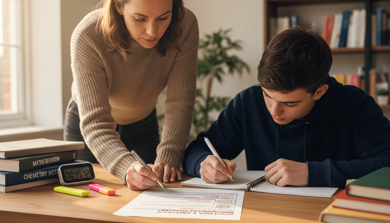 Tutor pointing to marked exam paper explaining grading criteria to attentive student at wooden desk with study materials